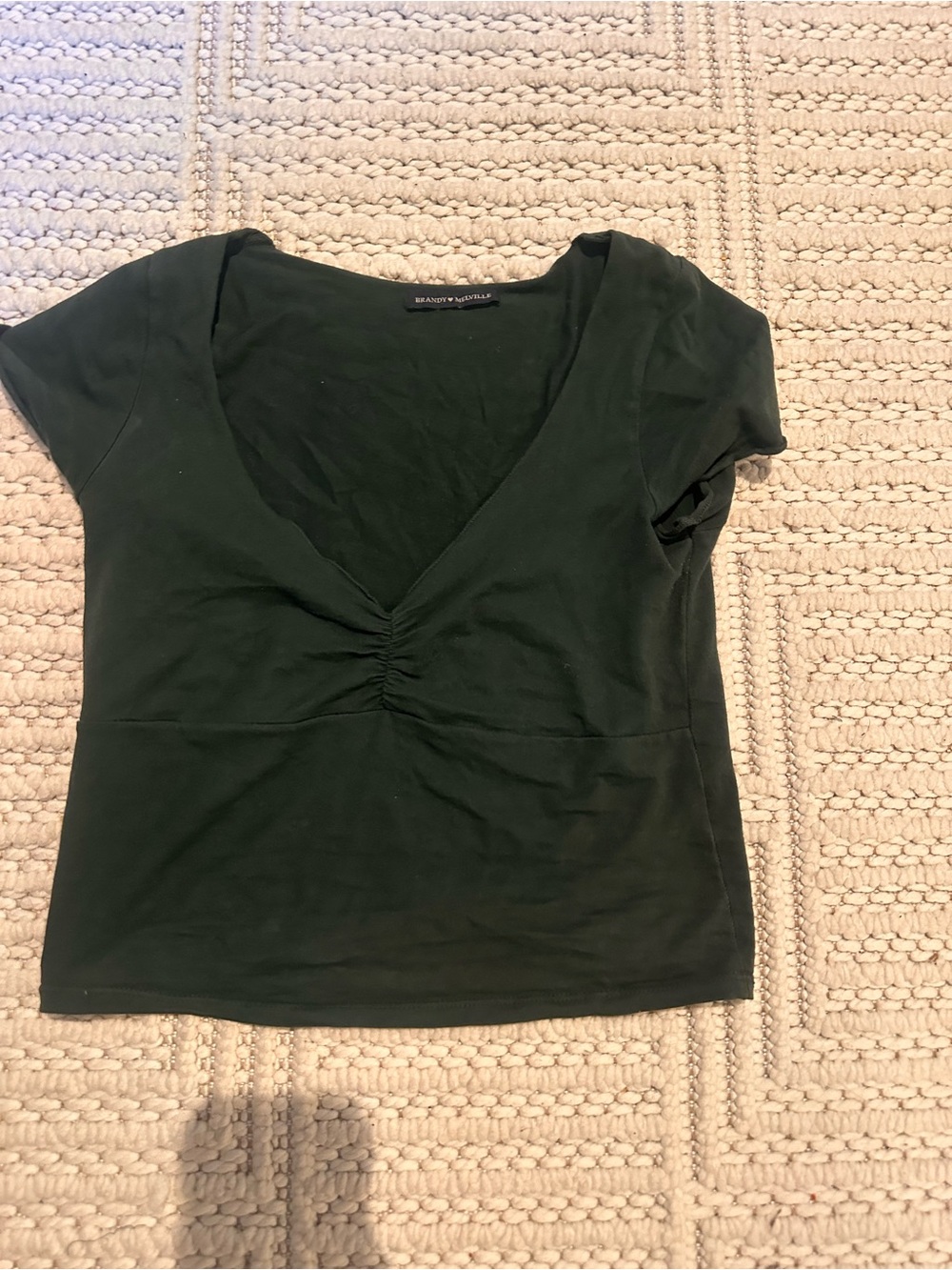 Brandy Melville Dark Green Short Sleeve V-Neck Gathered Front Tee